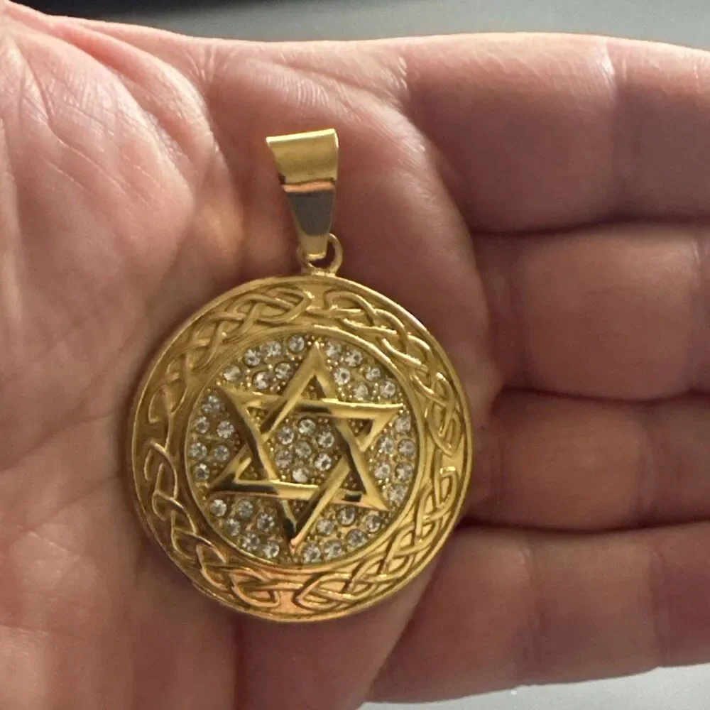 Stainless Steel Jewish Star of David 24” Chain Gold Cubic Zirconia Israel Faith